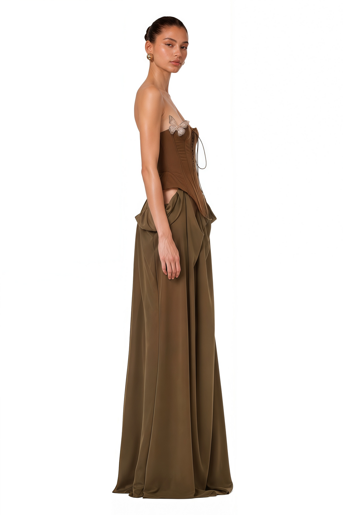 Eva Brown Butterfly-Pin-Detail Corset Maxi Dress
