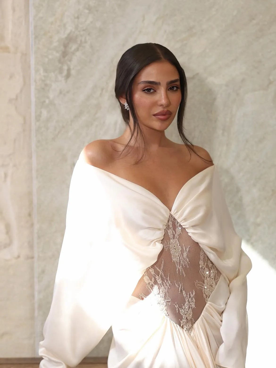 Stunning White Satin Long Sleeves V Neck Long Prom Dress with Pleated