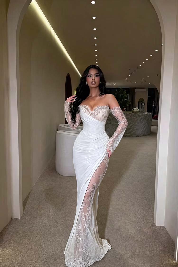 Glamorous Brown Long Sleeves Strapless V Neck Long Prom Dress with Pleated