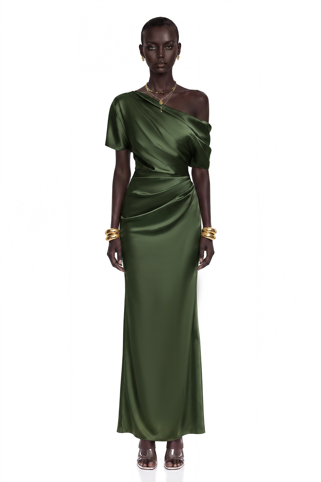 Roshan Emerald Green One Shoulder Satin Maxi Dress