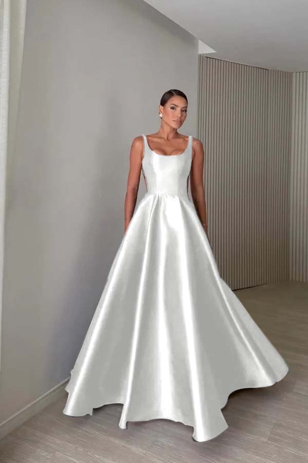 Elegant Satin Wide Shoulder Straps Sleeveless Backless Prom Dress