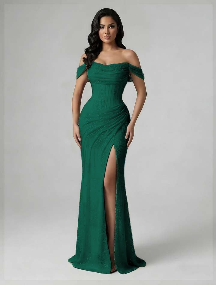 Charming Burgundy Off-The-Shoulder Pleated Prom Dress With Split