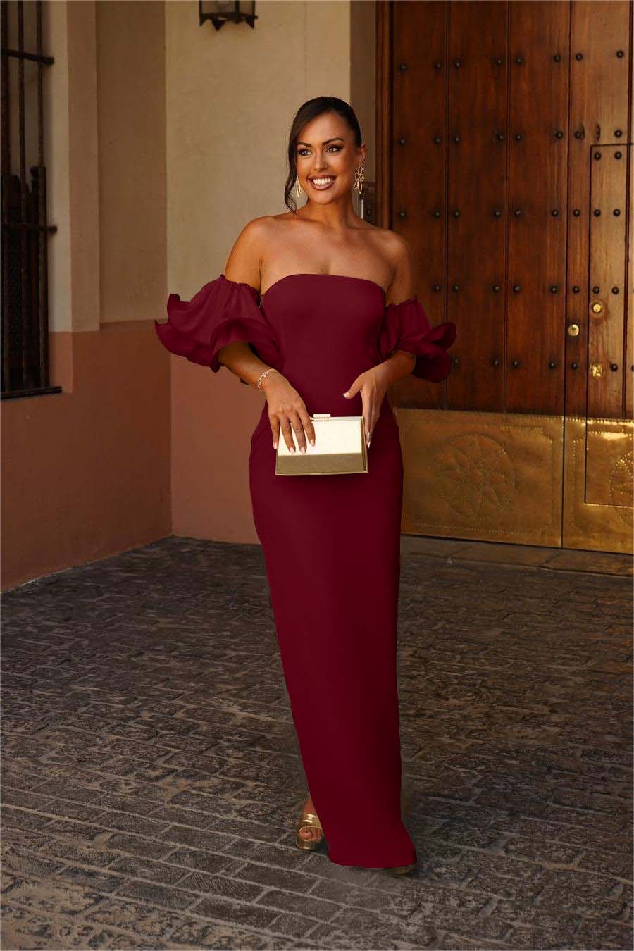Glamorous Satin Off the Shoulder Strapless Slim Long Prom Dress with Ruffles
