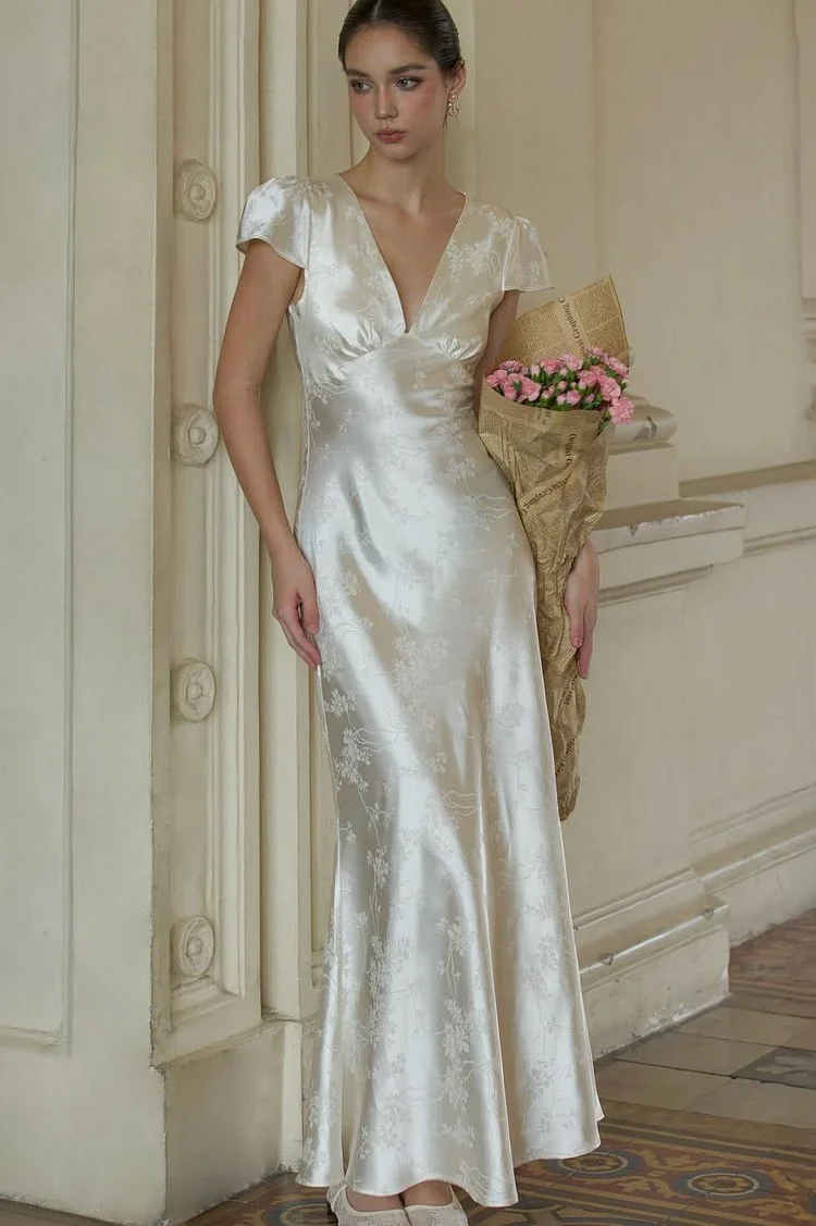 Stunning Silver Satin Sleeveless V Neck Long Prom Dress with Print