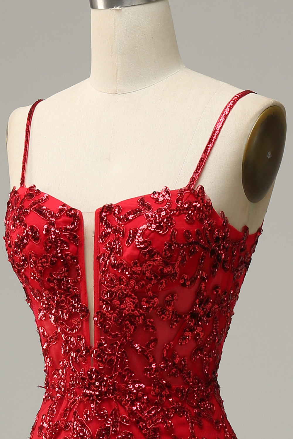 Red Spaghetti Straps Appliques Prom Dress with Slit