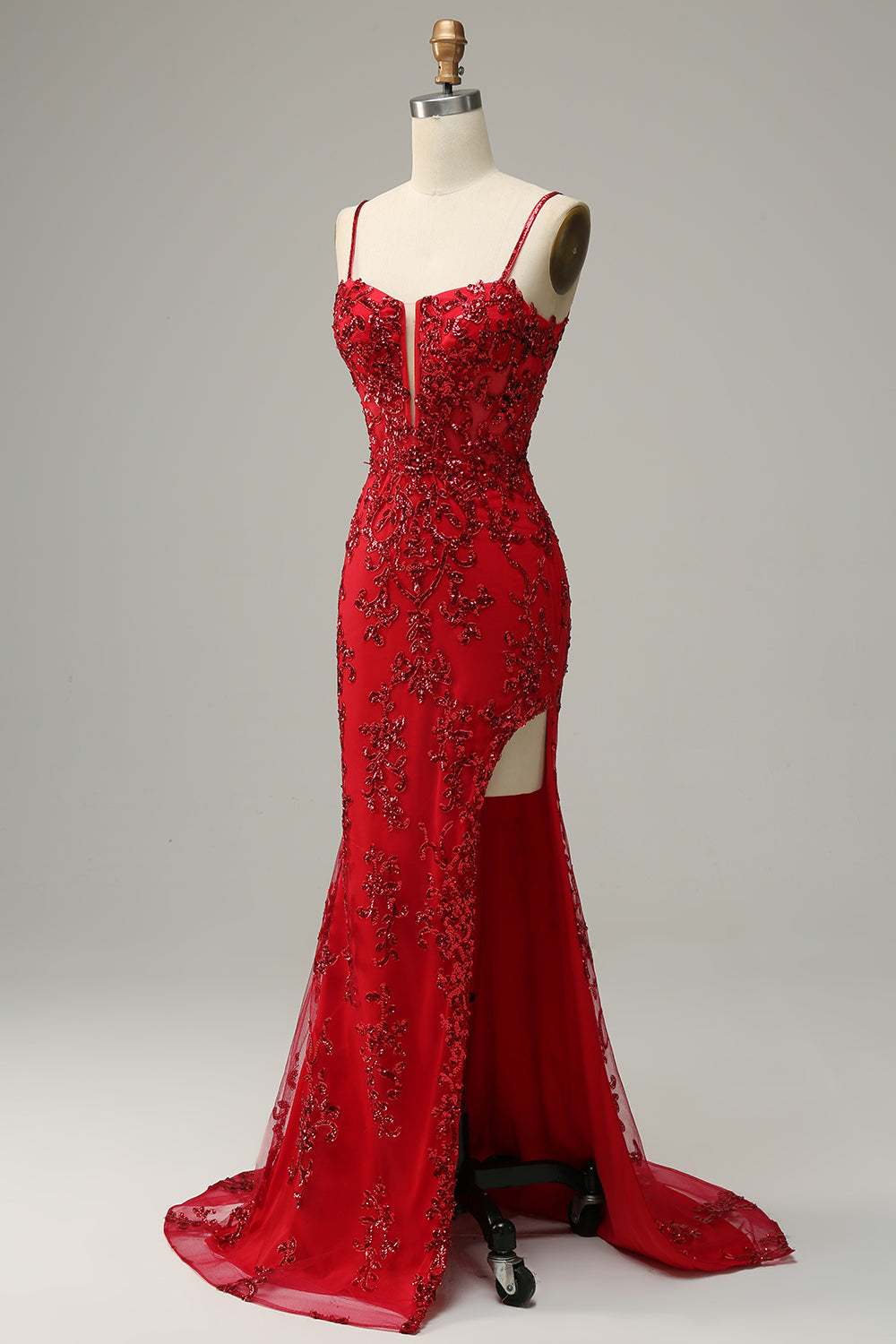 Red Spaghetti Straps Appliques Prom Dress with Slit