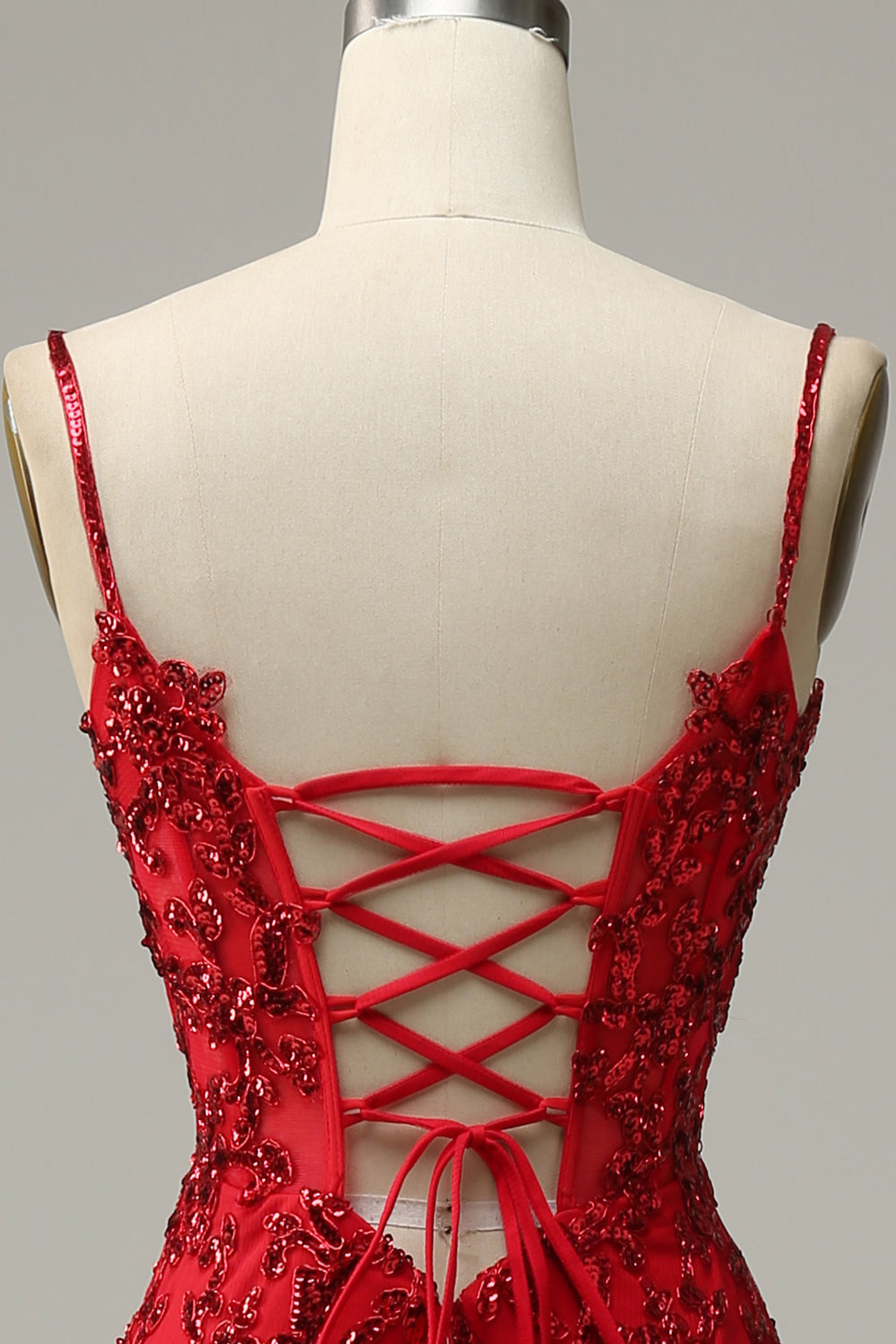 Red Spaghetti Straps Appliques Prom Dress with Slit
