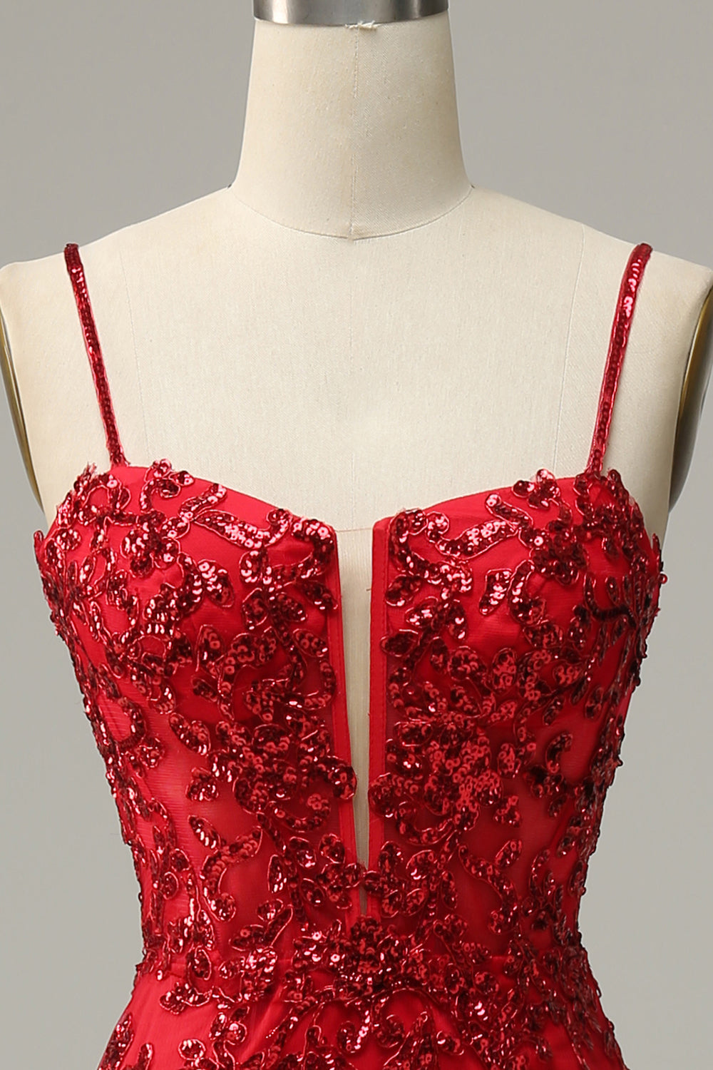 Red Spaghetti Straps Appliques Prom Dress with Slit