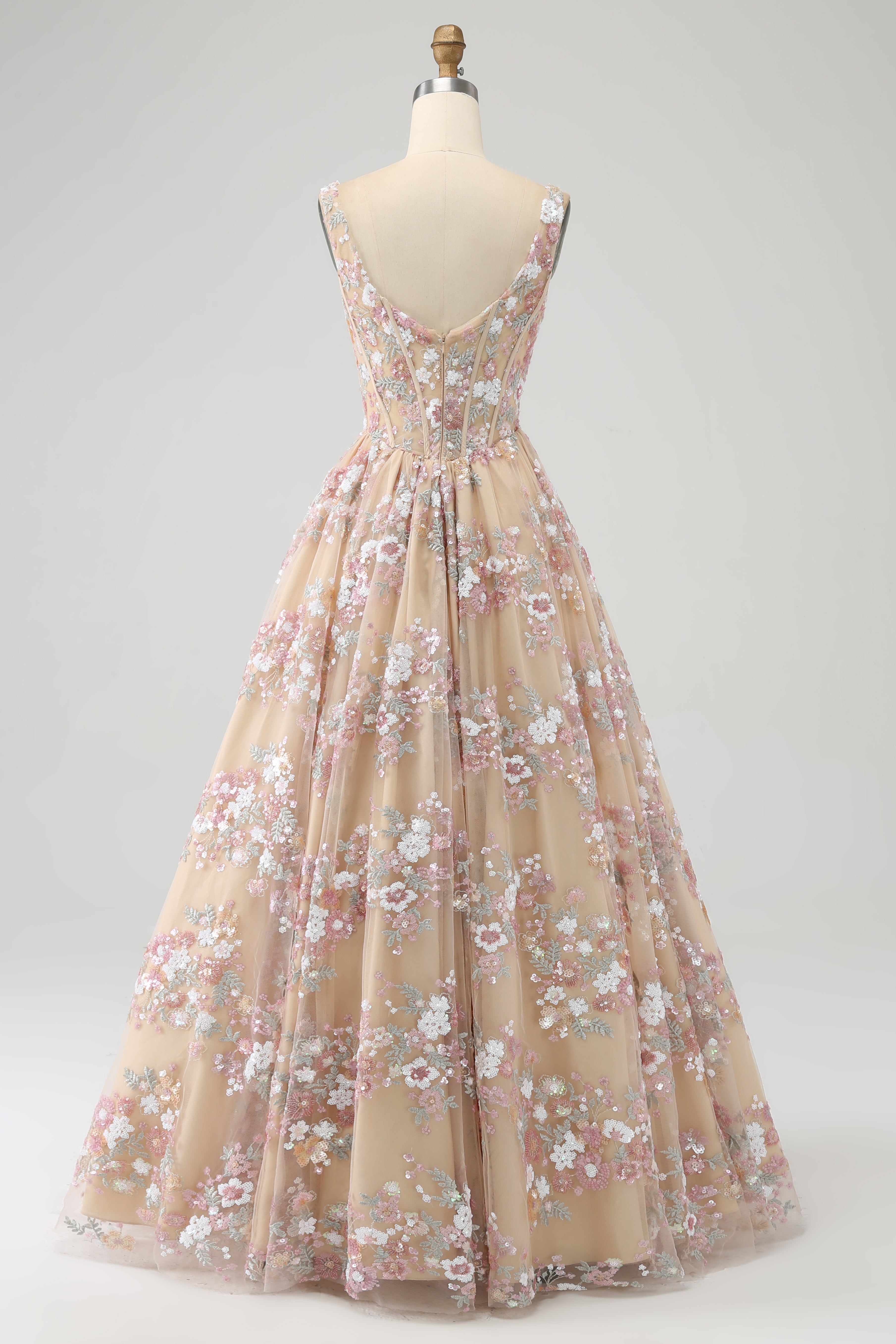 Champagne Princess A-Line Square Neck Corset Long Prom Dress with Embroidery