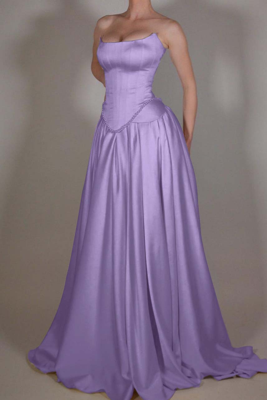 Exquisite Satin Ivory Sleeveless Strapless Long Pleated Prom Dress with Beadings