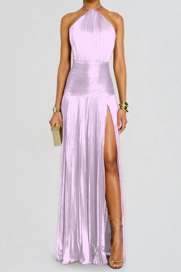Charming Green Halter Sleeveless Backless Split Prom Dress with Pleated