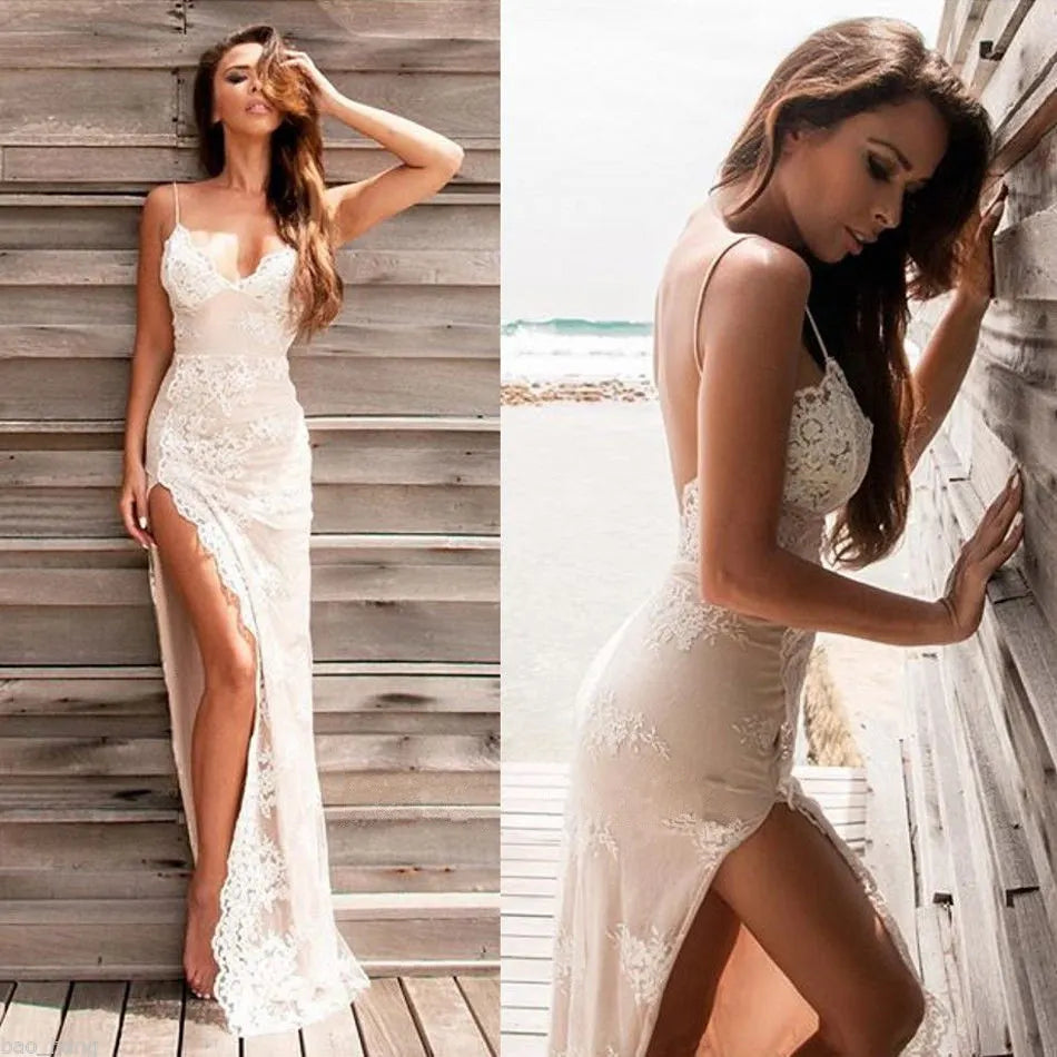 Elegant Lace Spaghetti-Strap Evening Dresses Front Split