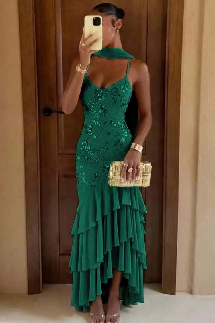 Chic Green Chiffon Sleeveless Spaghetti Strap Ruffles Hem Long Prom Dress with Scarf