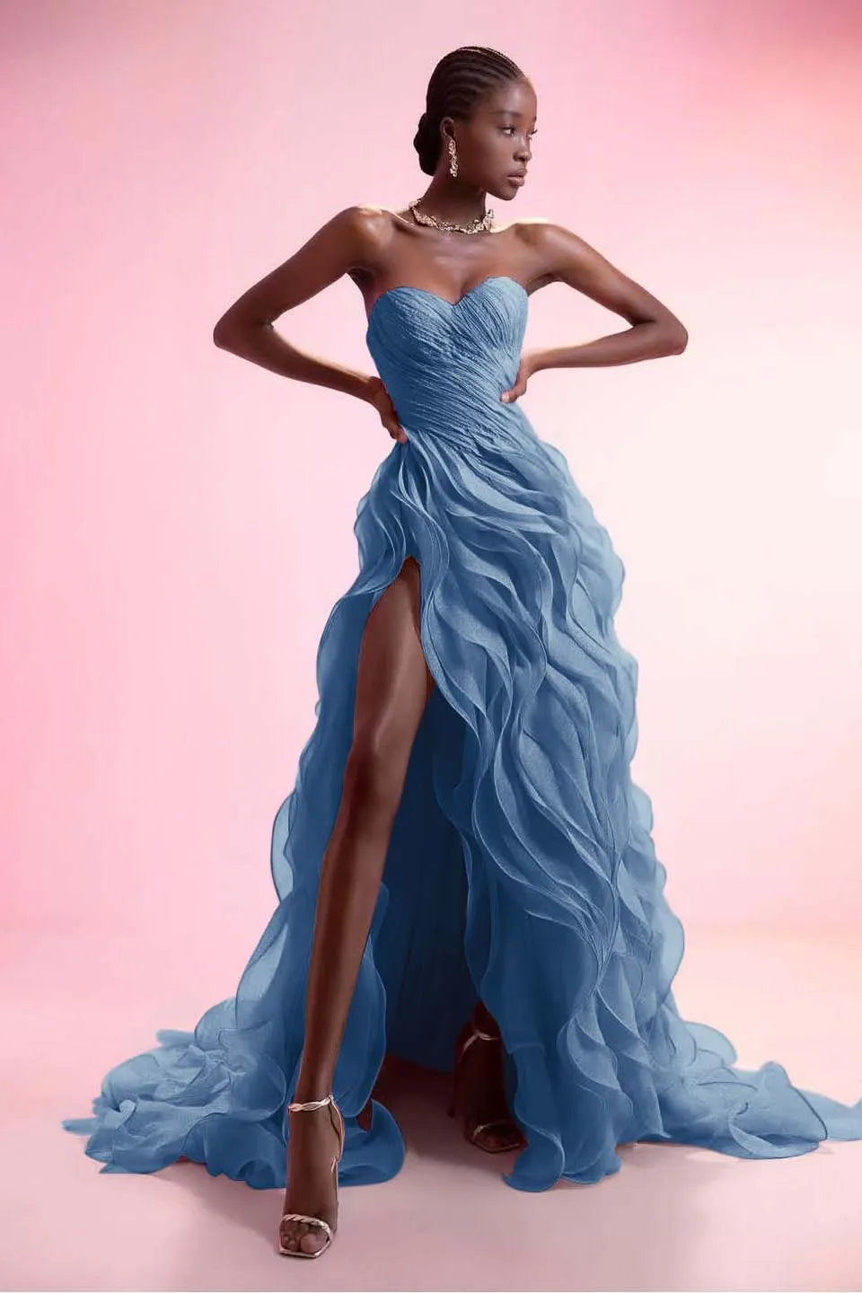 Stunning Pink Strapless Sleeveless Ruffles Pleated Split Prom Dress
