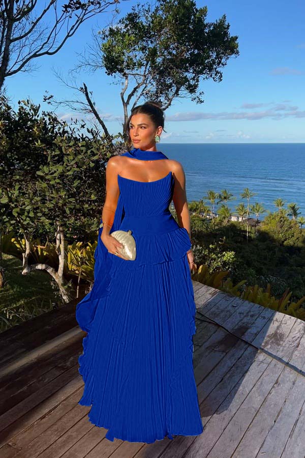 Chic Chiffon Strapless Sleeveless Pleated Prom Dress with Scarf