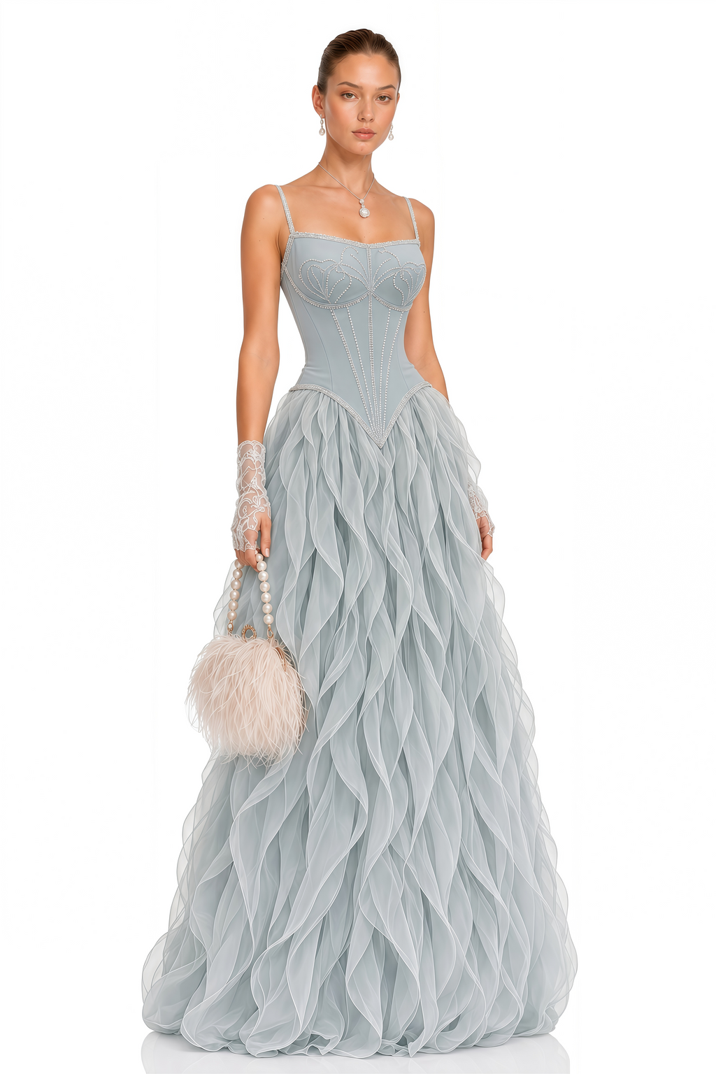 Ianthe Dusty Blue Ruffled Tulle Maxi Dress (Without Gloves)