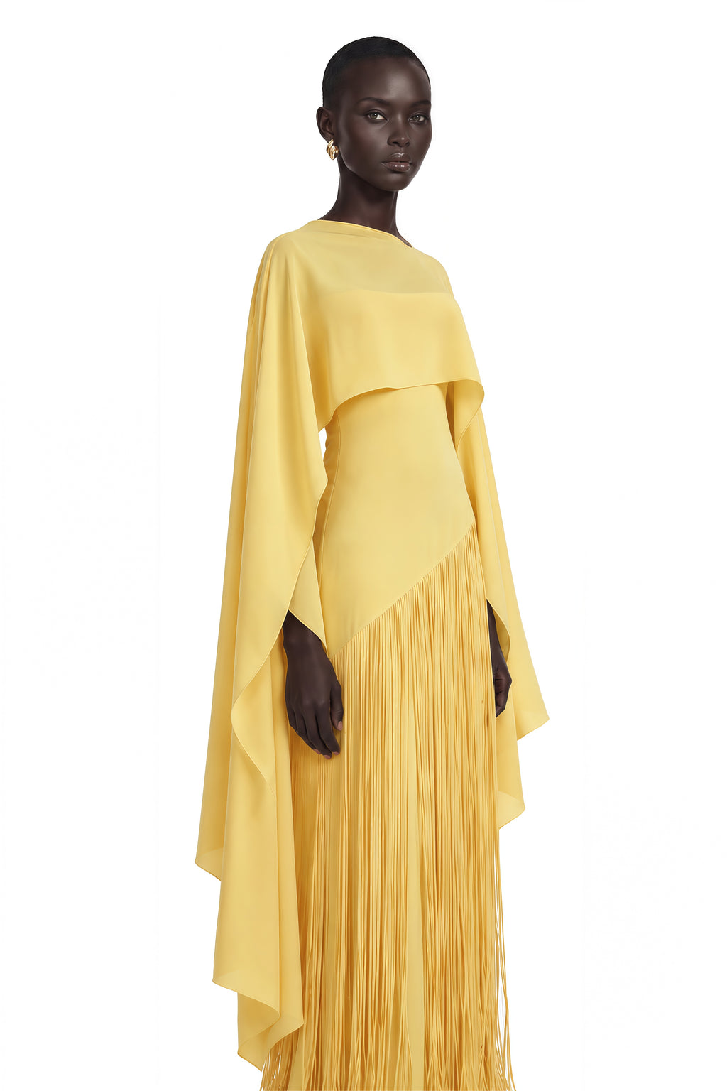 Cayetana Yellow Fringed Maxi Dress with Shawl Detail