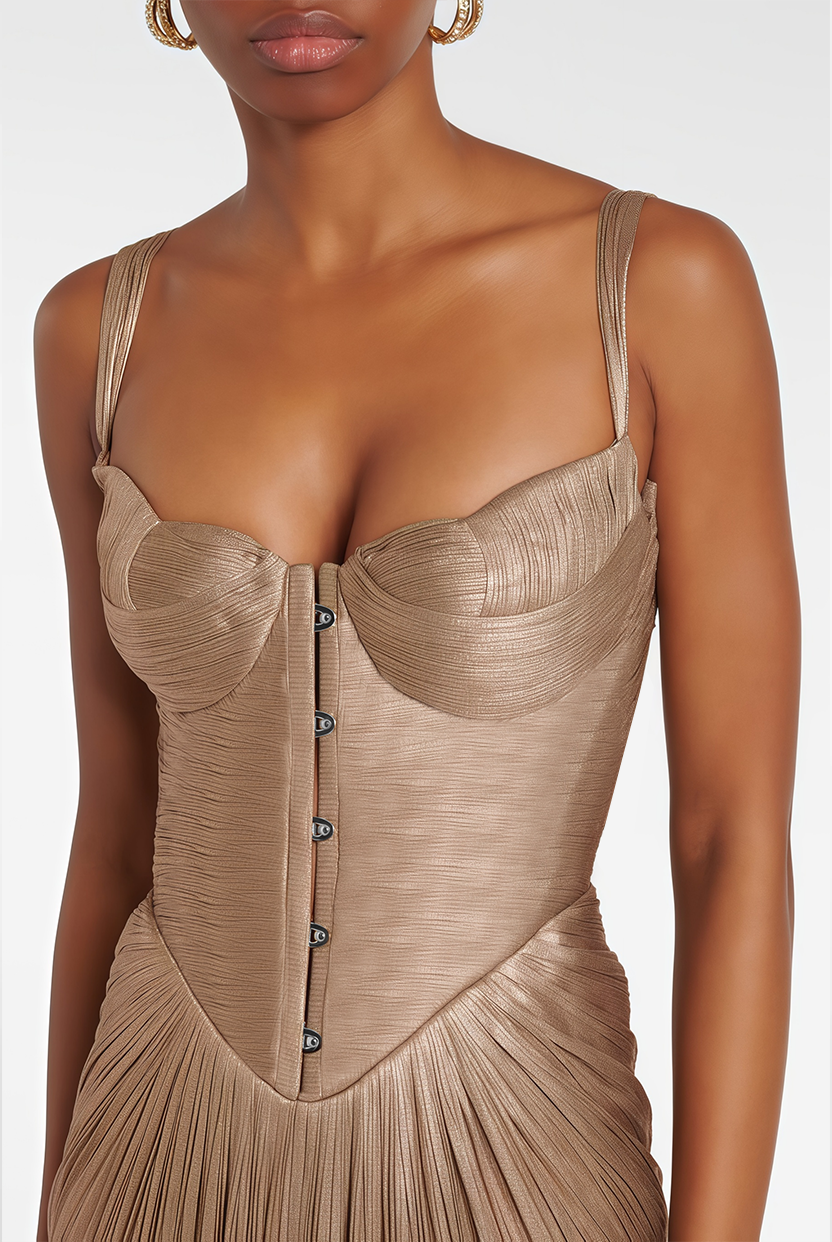 Nicoletta Gold Glossy Pleated Corset Maxi Dress