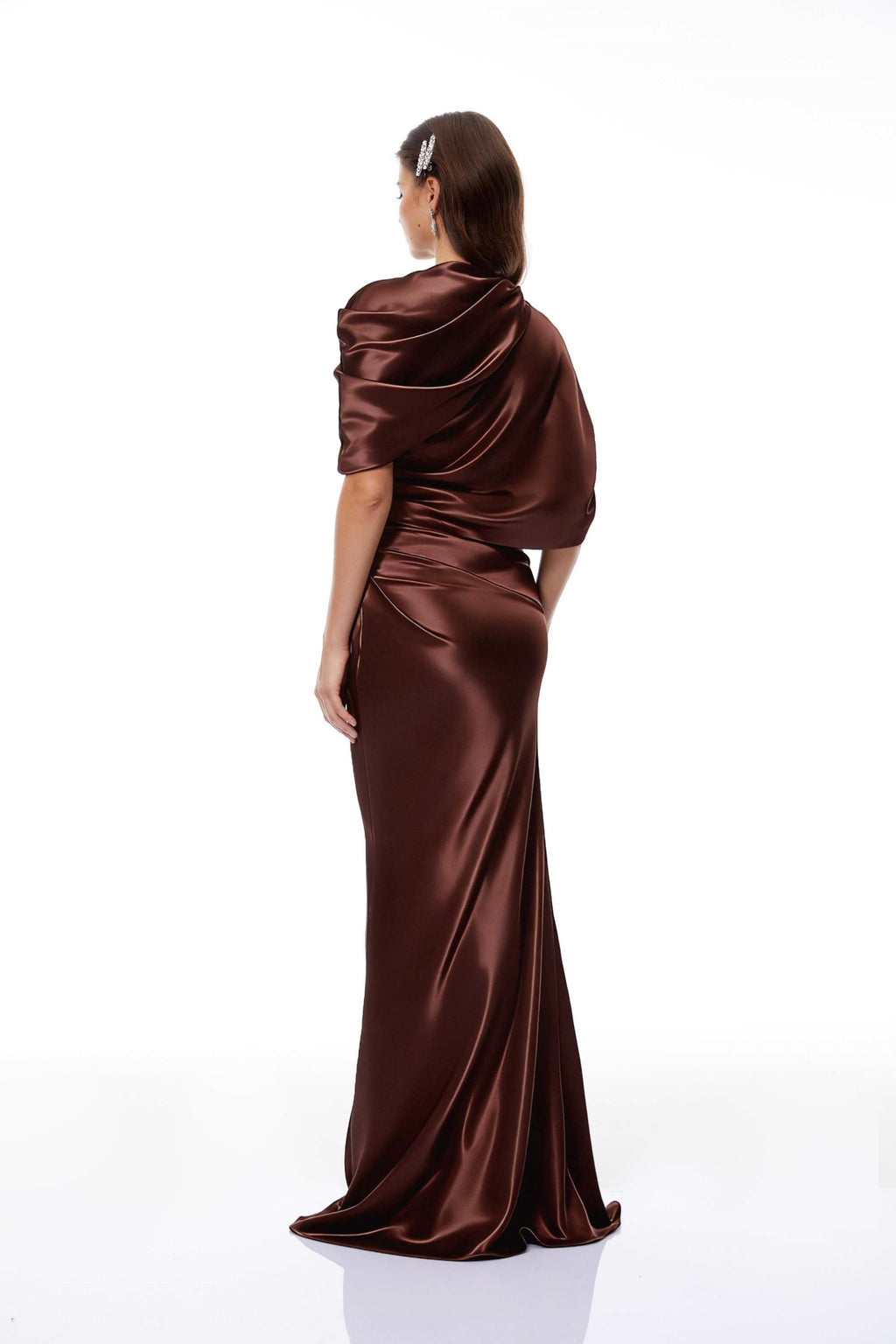 Luisa Brown Asymmetrical Gathered Satin Maxi Dress
