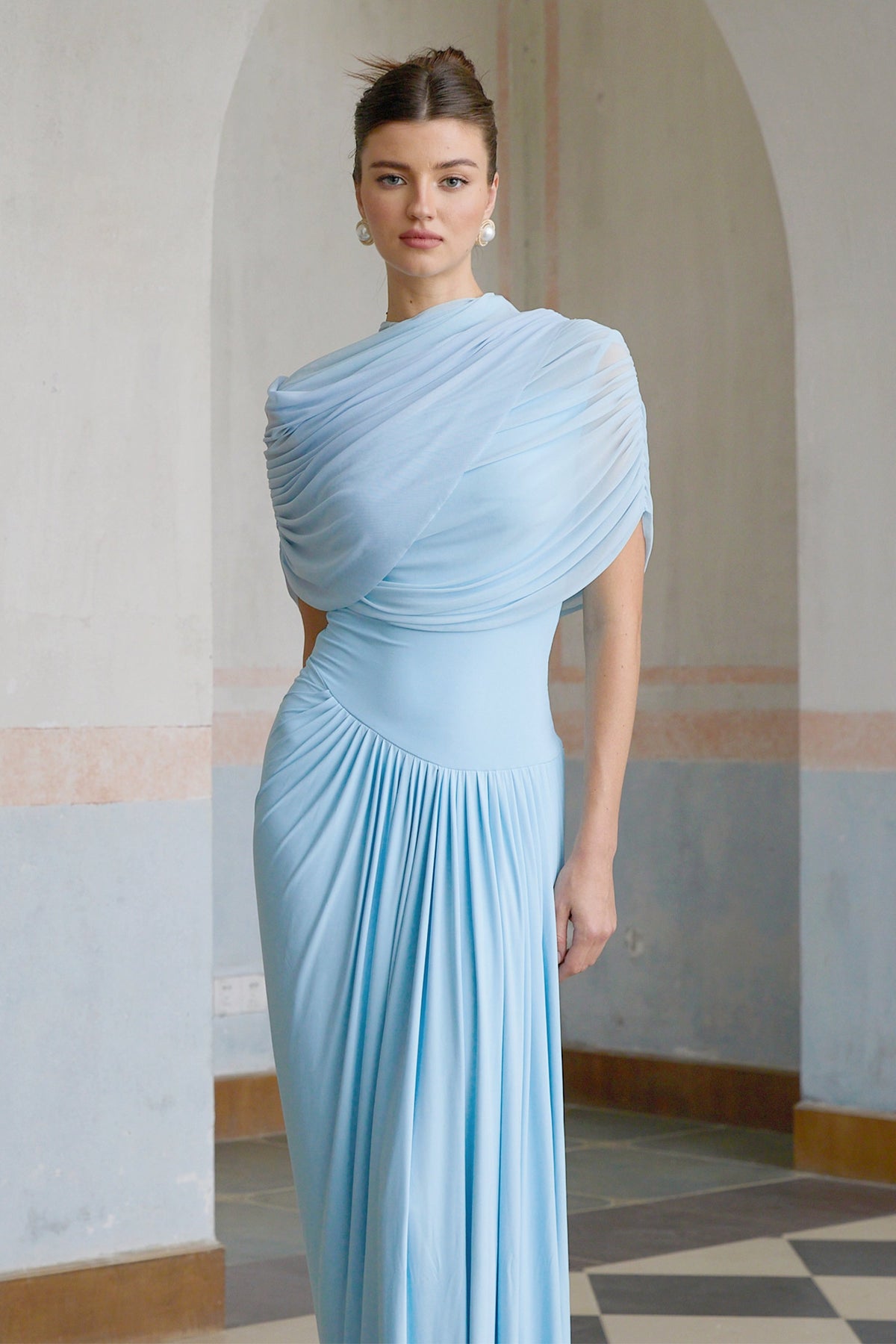 Catherine Asymmetrical Pleated Maxi Dress in Baby-blue