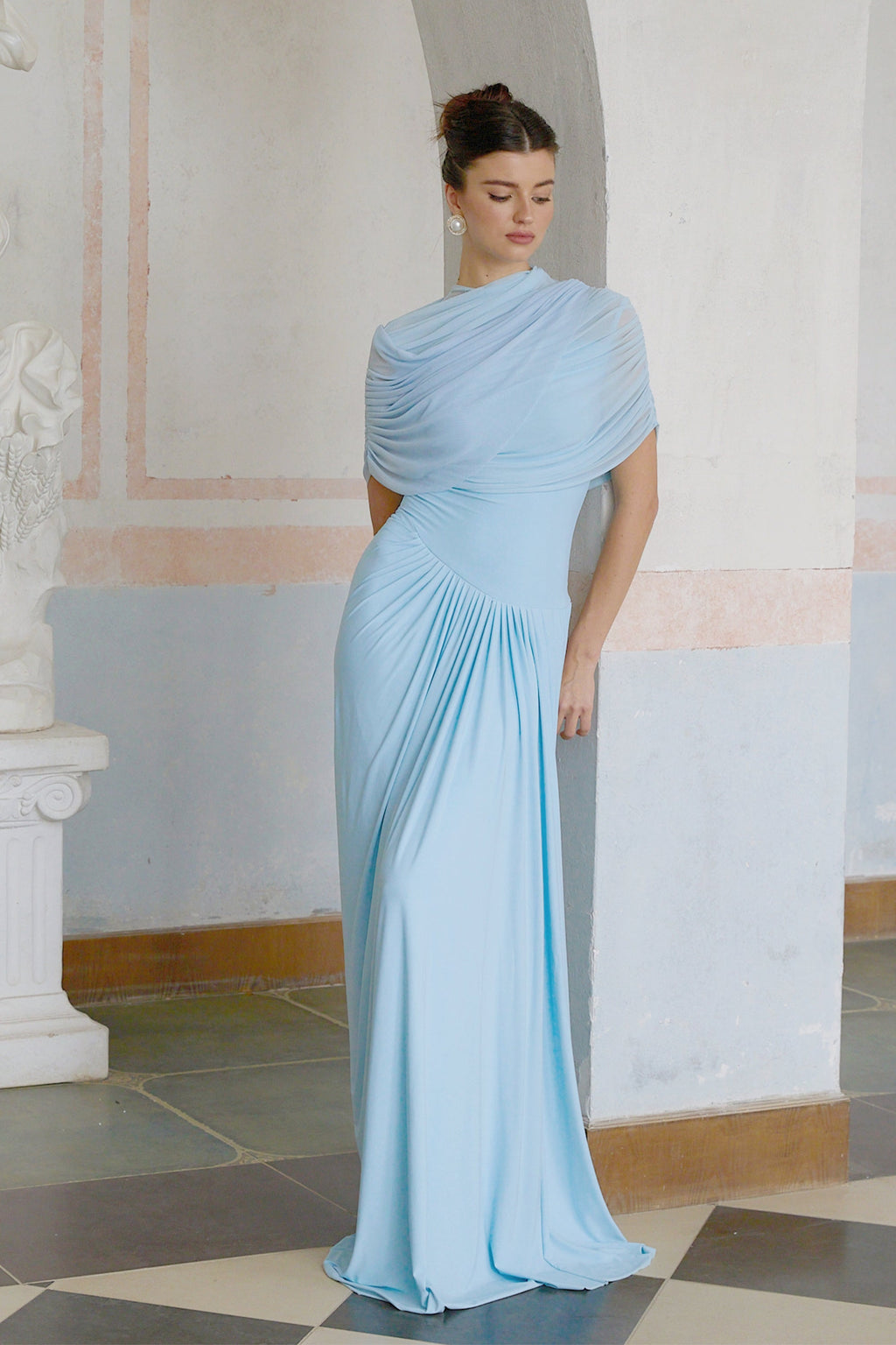 Catherine Asymmetrical Pleated Maxi Dress in Baby-blue
