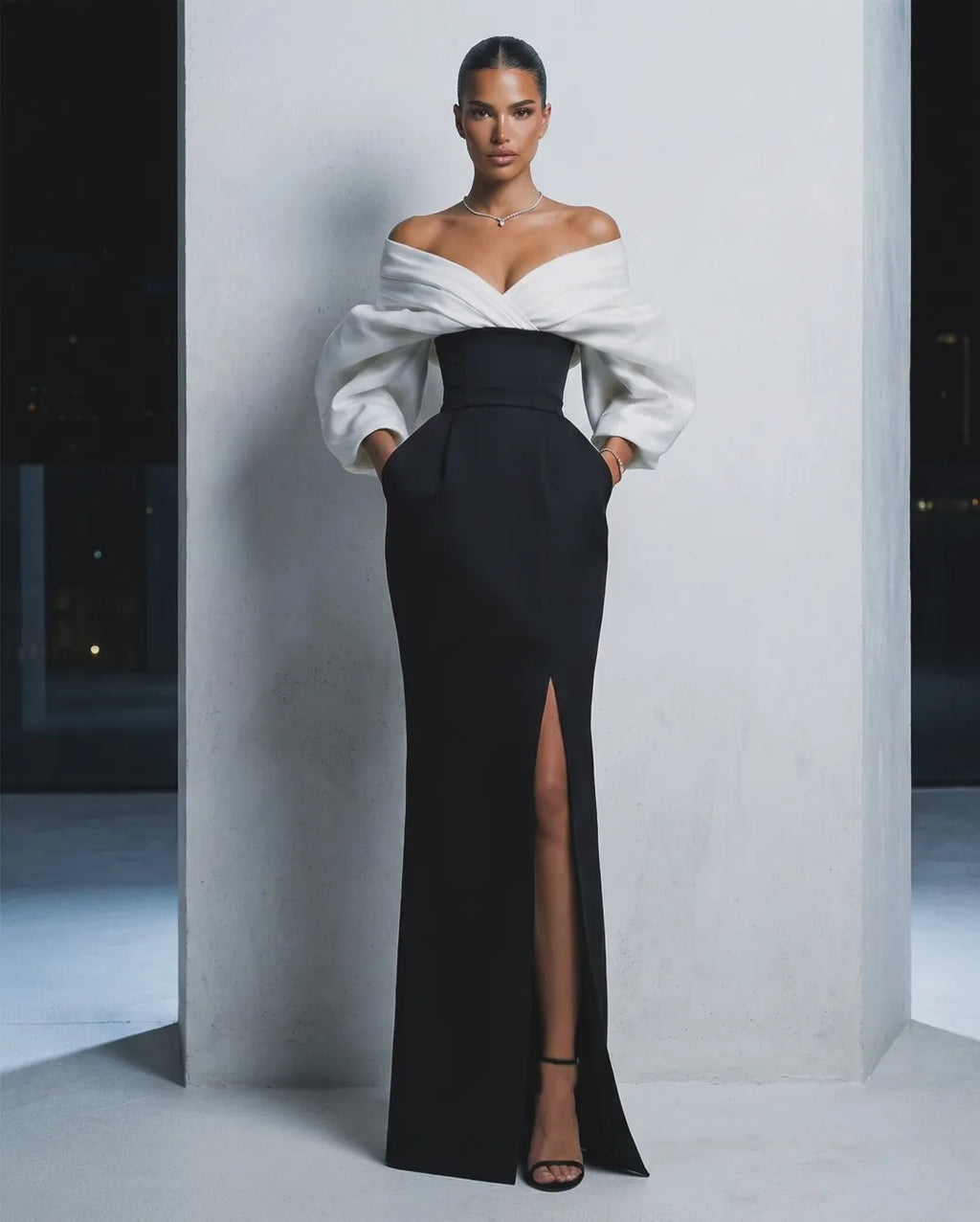 Charming  Long Sleeves Black And White Off-The-Shoulder Split Long Prom Dress