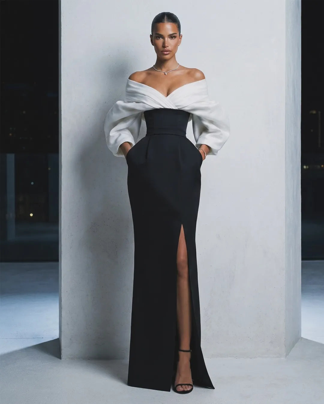 Charming  Long Sleeves Black And White Off-The-Shoulder Split Long Prom Dress