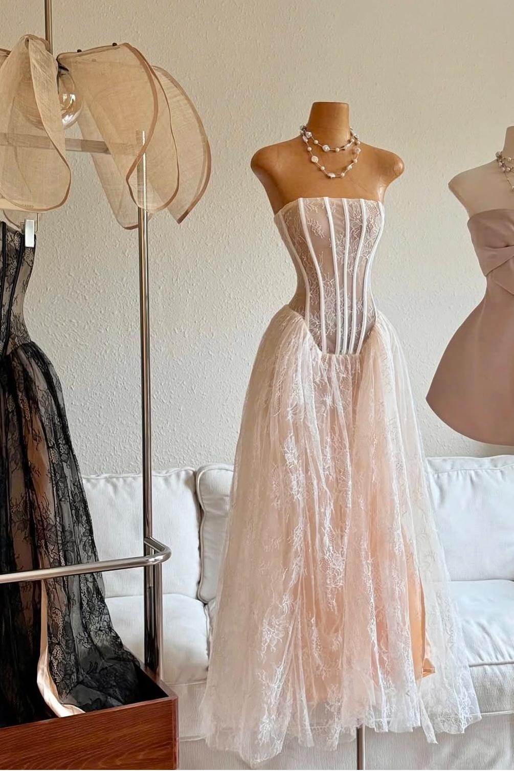 Exquisite White Lace Strapless Sleeveless A Line Prom Dress with Ruffles