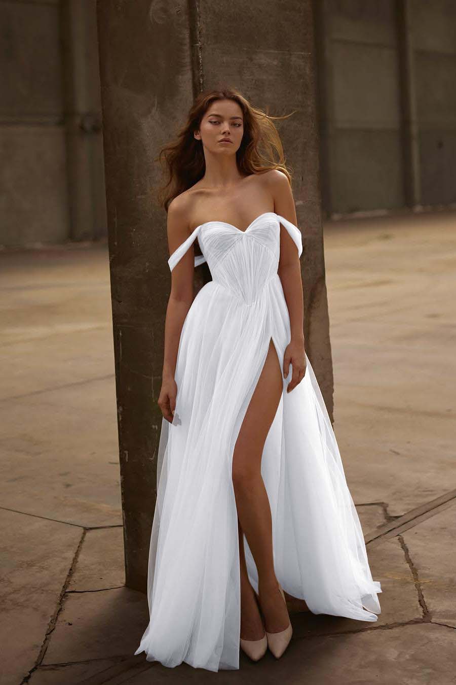 Beautiful Ivory Tulle Strapless Off the Shoulder Long Split Prom Dress with Ruffles
