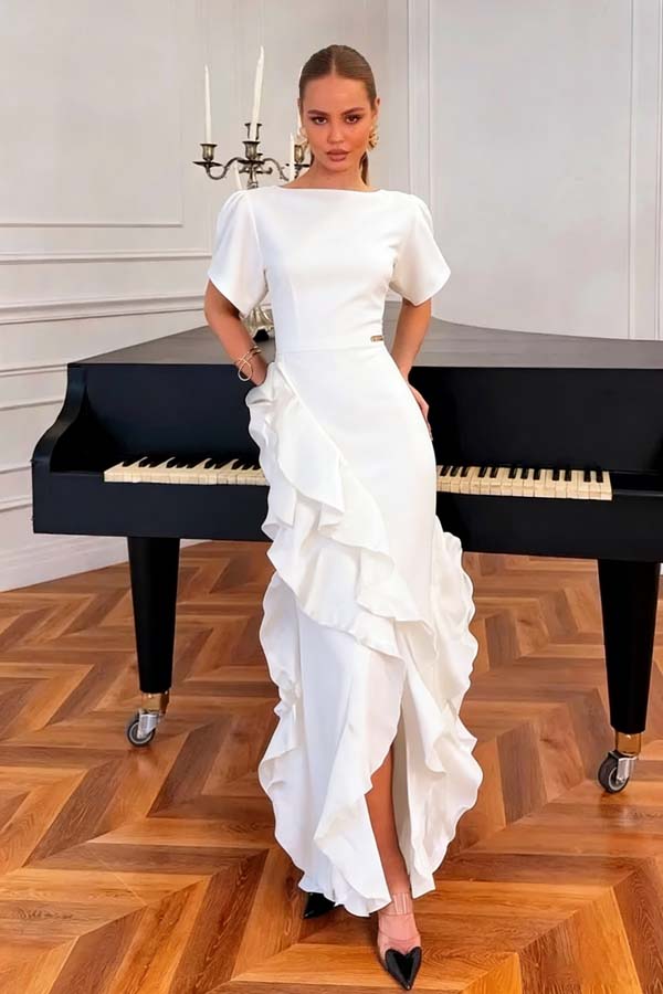 Charming Black Jewel Neck Short Sleeves Ruffles Prom Dress with Split
