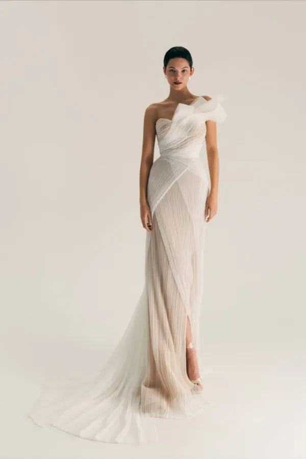 Elegant One Shoulder Sleeveless Pleated Prom Dress with Train