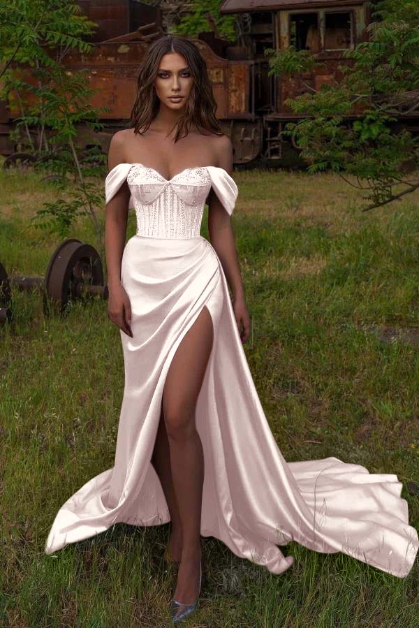 Off-the-Shoulder Beadings Sweetheart Mermaid Split Prom Dress