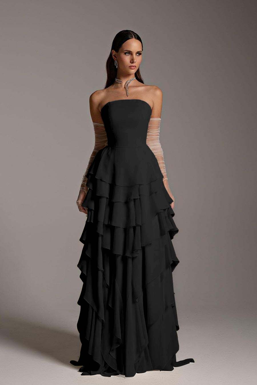 Charming Daffodil Chiffon Sleeveless Strapless Long Cake Prom Dress with Gloves