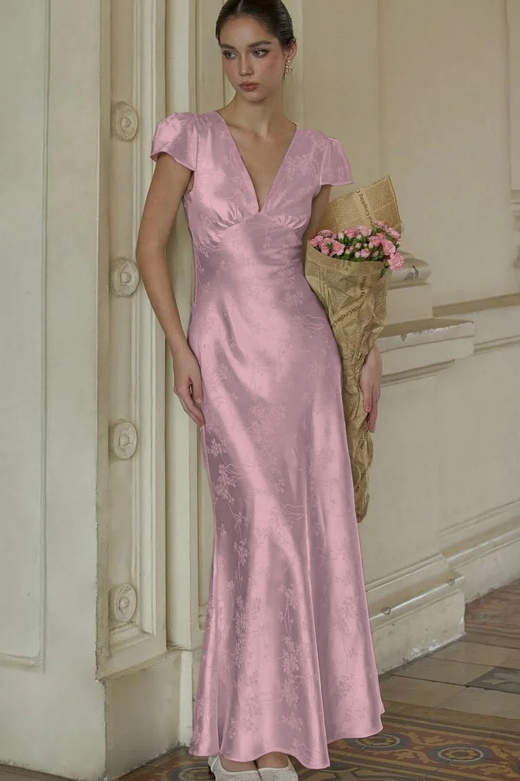 Stunning Silver Satin Sleeveless V Neck Long Prom Dress with Print