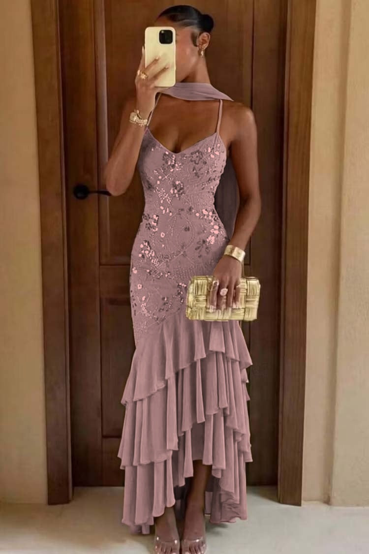 Chic Green Chiffon Sleeveless Spaghetti Strap Ruffles Hem Long Prom Dress with Scarf