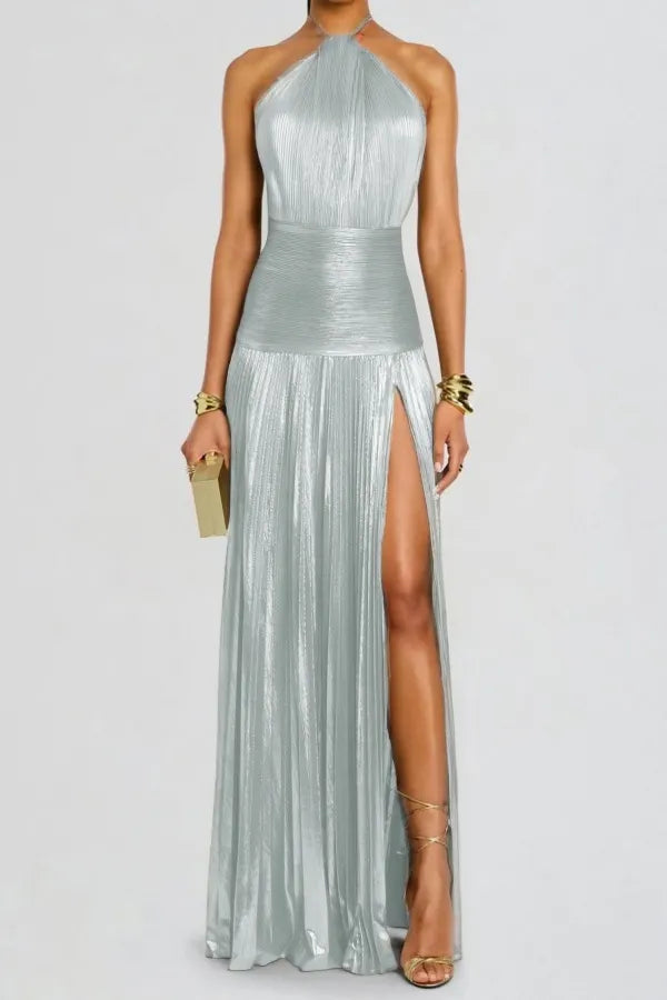 Charming Green Halter Sleeveless Backless Split Prom Dress with Pleated