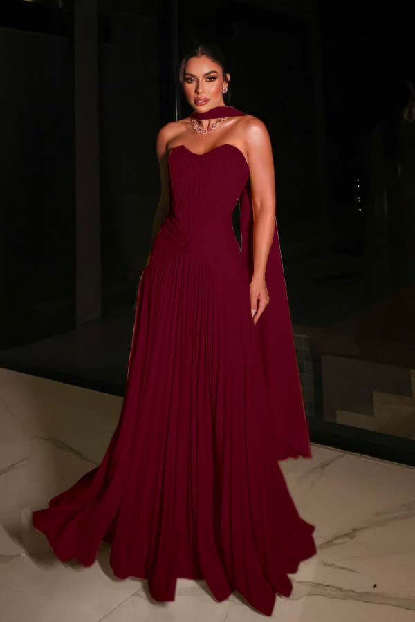 Glamorous Strapless Sleeveless Pleated Long Prom Dress with Scarf