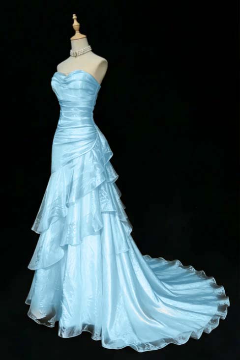 Stunning Beige Sleeveless Strapless Train Long Prom Dress with Ruffles