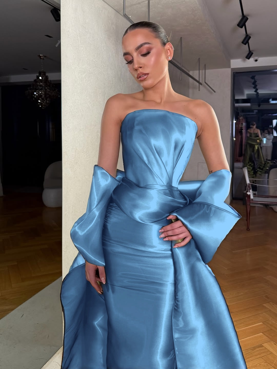 Dreamy Green Satin Strapless Sleeveless Long Prom Dress with Bow