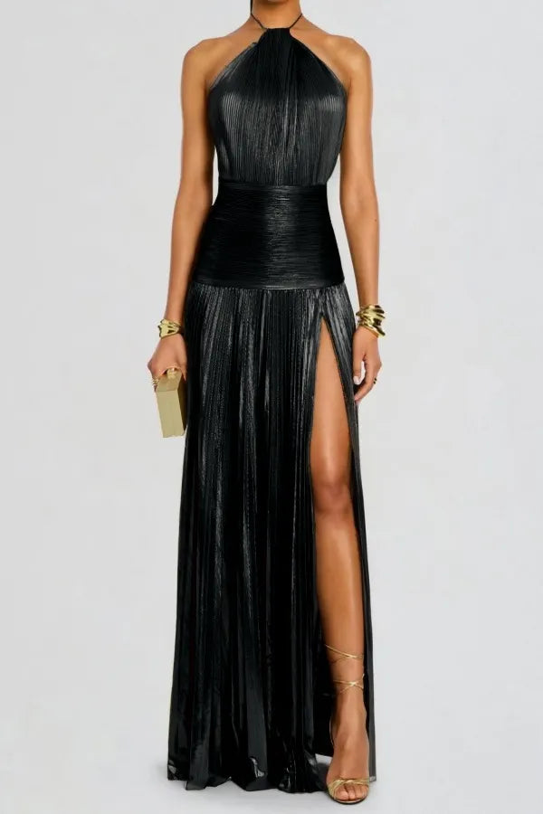Charming Green Halter Sleeveless Backless Split Prom Dress with Pleated