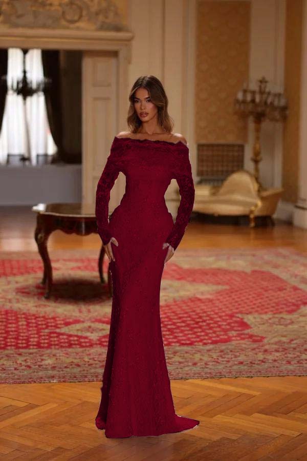 Chic Pink Lace Bateau Neck Long Sleeves Sequins Mermaid Prom Dress