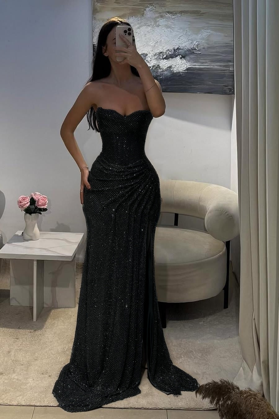Shinning Silver Sweetheart Sleeveless Long Pleated Prom Dress with Split