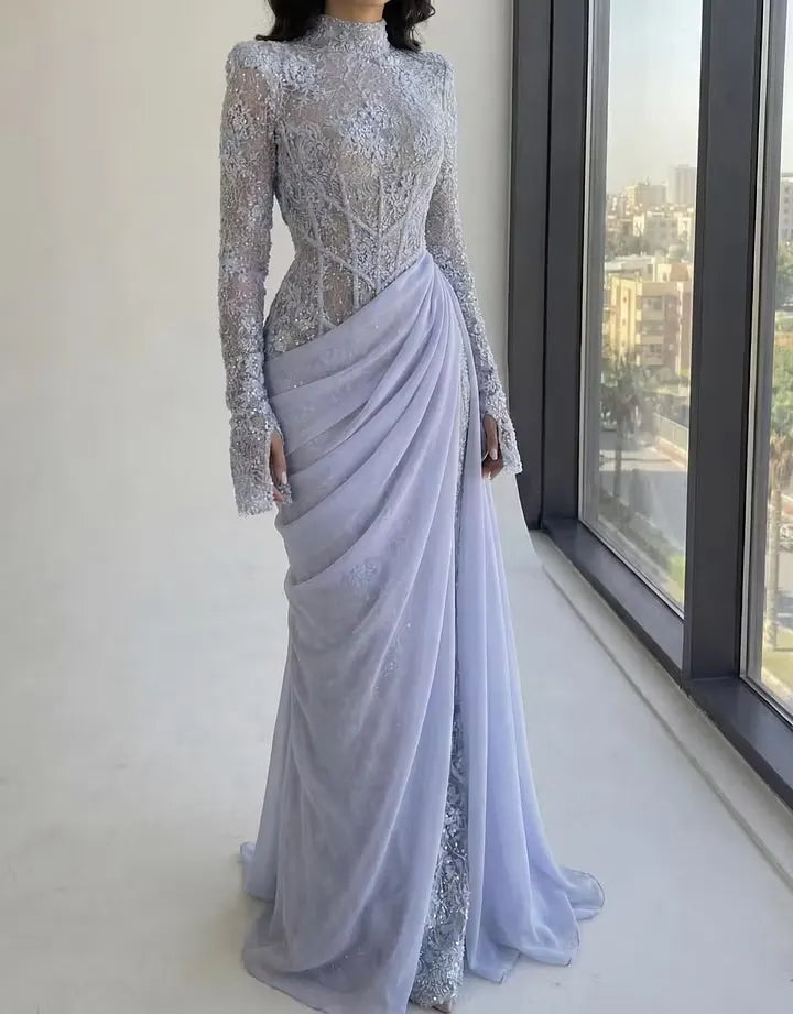 Chic High Neck Long Sleeves Beaded Applique Pleated Prom Dress with Train