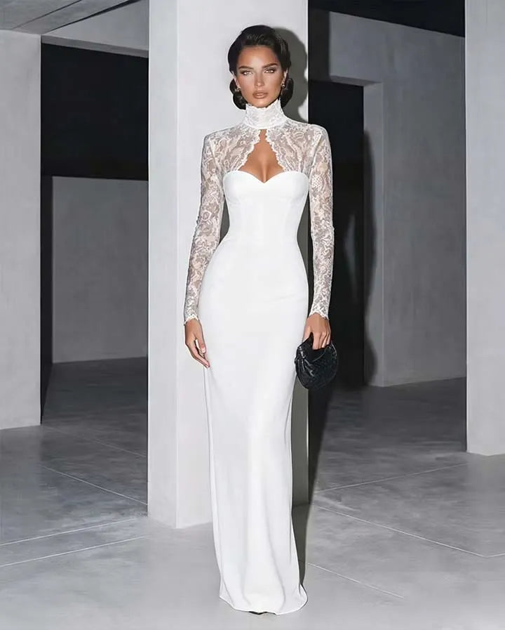 Glamorous Black Lace Long Sleeves Long Prom Dress with High Neck