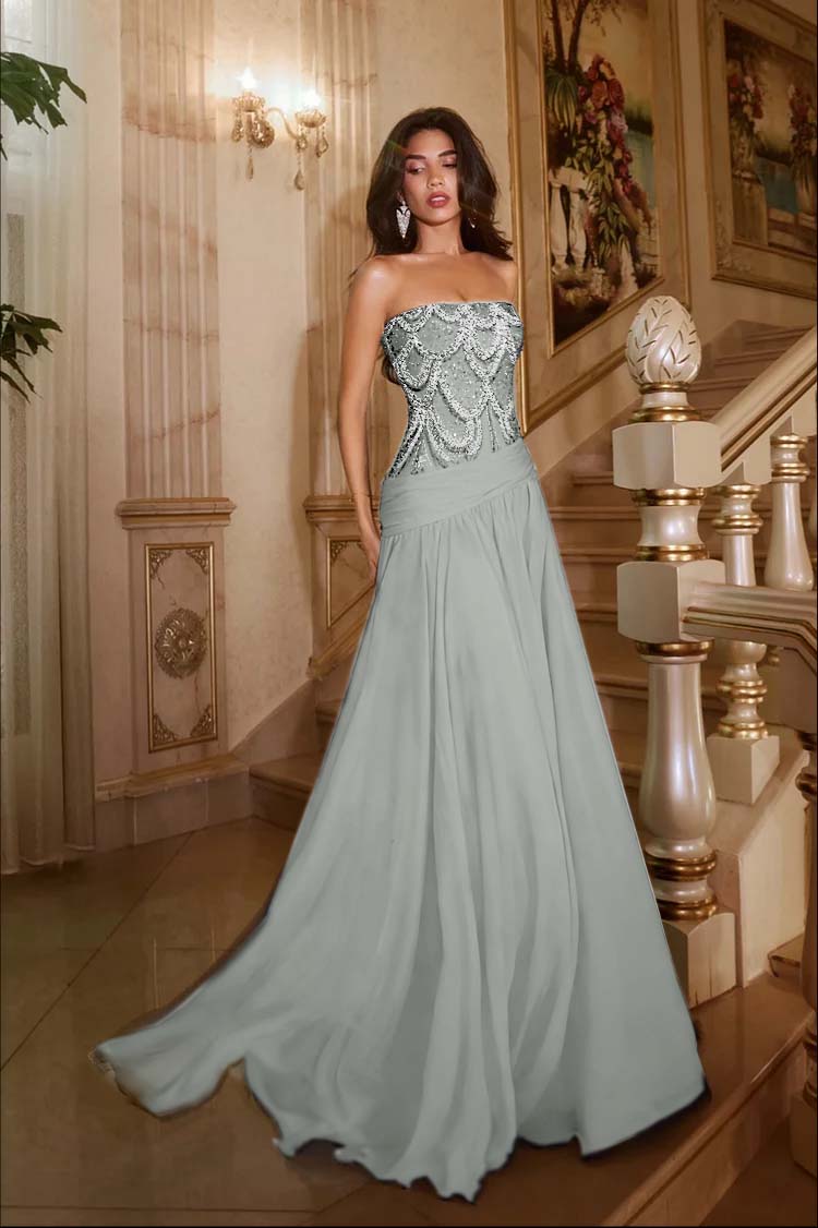 Exquisite DarkNavy Chiffon Sleeveless Strapless Prom Dress with Sequins