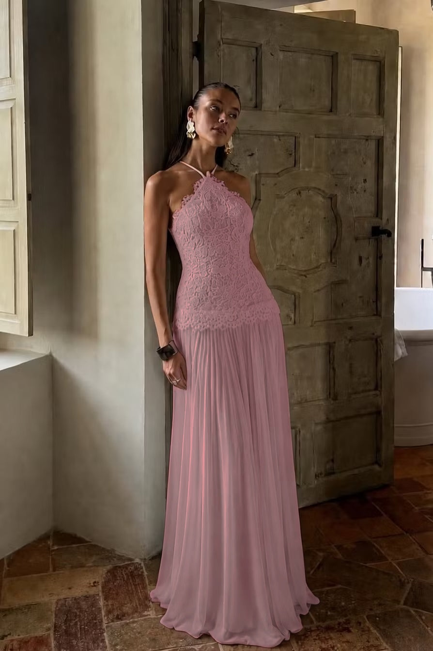 Elegant White Lace Sleeveless Halter Long Prom Dress with Pleated