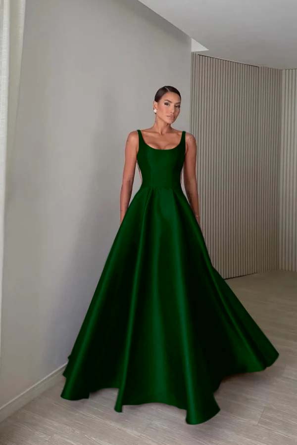Elegant Satin Wide Shoulder Straps Sleeveless Backless Prom Dress