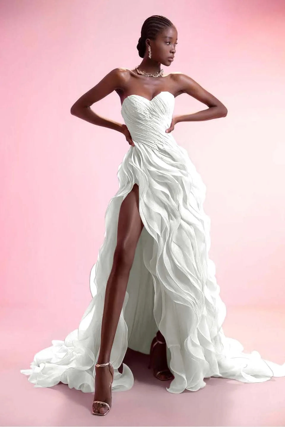 Stunning Pink Strapless Sleeveless Ruffles Pleated Split Prom Dress