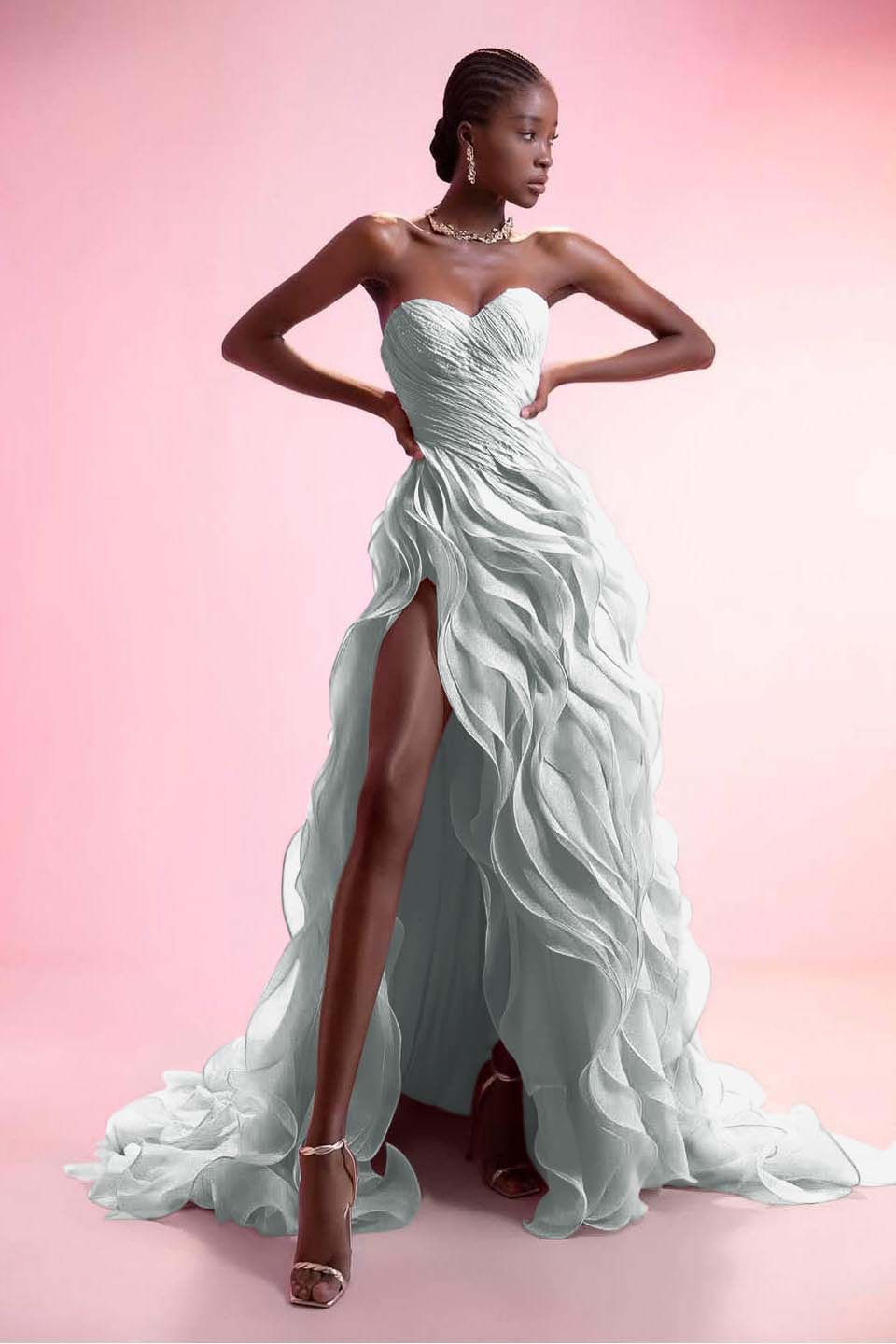 Stunning Pink Strapless Sleeveless Ruffles Pleated Split Prom Dress