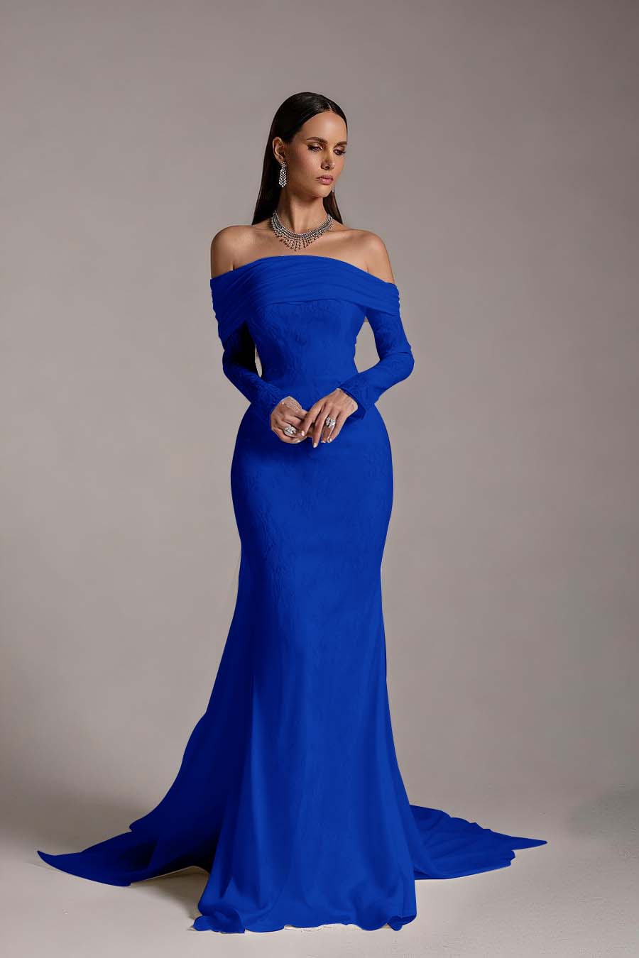 Stunning Prints Off the Shoulder Long Sleeves Mermaid Prom Dress with Pleated